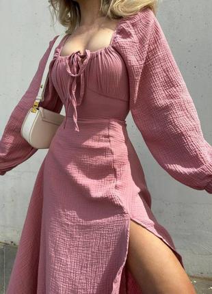 Женское легкое длинное муслиновое платье миди на шнуровке, платье розовое