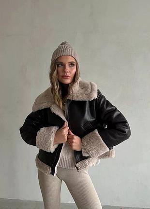 Дубленка короткая черная мех беж эко кожа