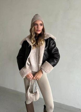 Дубленка короткая черная мех беж эко кожа