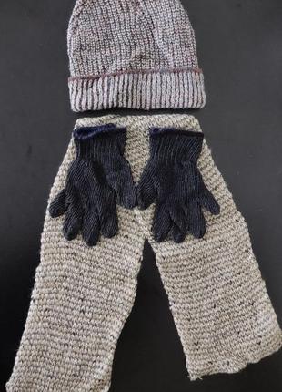 Комплект зимний вязаный детский шапка+шарф+перчатки 3-5 лет