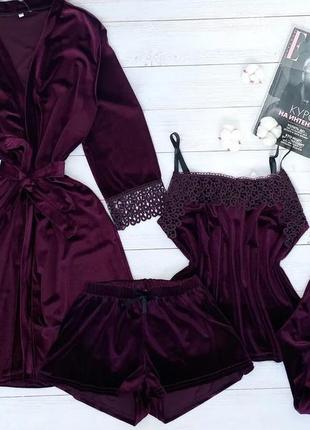 Женский велюровый комплект штаны, шорты, халат, майка женская пижама, зимняя, на зиму четвёрка 4