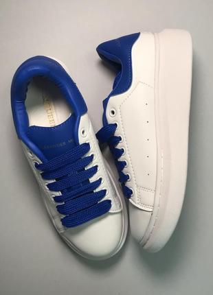 Кеды alexander mcqueen white blue кроссовки белые с синим задником4 фото