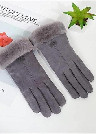 Женские замшевые перчатки fashion сенсор подкладка мех серый6 фото