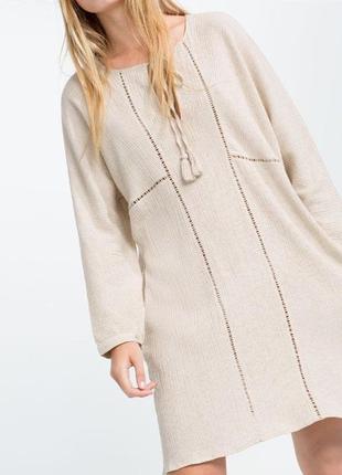 Льняное платье туника с карманами в стиле этно-бохо zara