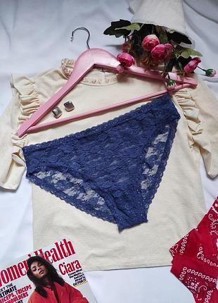 Темно сині жіночі гіпюрові трусики сліпи мереживна білизна