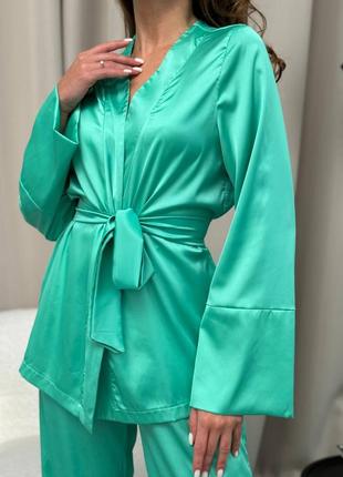 Шелковая пижама - яркий бирюзовый10 фото
