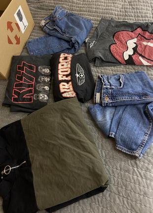 Лот жіночого одягу, джинси skinny, штани джинсові, кофта,лонгслів, футболка з принтом kizz, кофта штанина набір речей, комплект,пакет, коробка розмір с-м1 фото