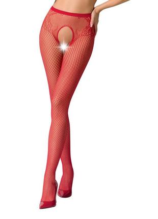 Сетчатые колготки-бодистокинги passion s019 one size, red, имитация трусиков, открытый доступ