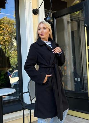 Кашемировое пальто с воротником длинными рукавами на запах с поясом стильное трендовое базовое качественное черное серое2 фото