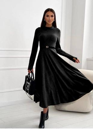 Платье миди с длинными рукавами приталенное с обильной юбкой платье с поясом трикотажная, базовая длинная черная серая белая