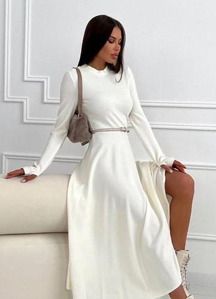 Платье миди с длинными рукавами приталенное с обильной юбкой платье с поясом трикотажная, базовая длинная черная серая белая2 фото