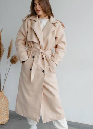Пальто женское кашемировое однотонное с карманами на пуговицах с поясом качественное стильное трендовое бежевое шоколад