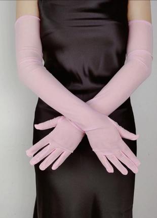 Перчатки сетка длинные розовые вечерние1 фото