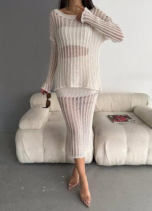 Трендовый трикотажный женский комплект сеточкой: юбка миди + лонгслив