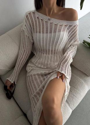 Трендовый трикотажный женский комплект сеточкой: юбка миди + лонгслив4 фото