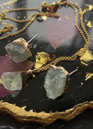 Кварц натуральний камінь набір: сережки, ланцюжок, кулон.6 фото