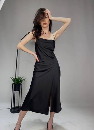 Нежное атласное черное платье миди с разрезом, праздничное платье до дня влюбленных, платье вечернее