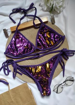 Стильный раздельный купальник в пайетках фиолетовый с золотом на завязках бикини треугольные чашки4 фото