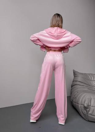 Велюровий костюм трійка (3-ка) укорочена кофта на блискавці з капюшоном+топ+штани палаццо/кльош,велика палітра кольорів,люкс якість9 фото