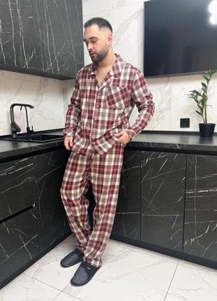 Мужская пижама в клетку премиум фланель утепленная рубашка и брюки костюм для дома пижама комплект клетка3 фото