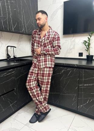 Мужская пижама в клетку премиум фланель утепленная рубашка и брюки костюм для дома пижама комплект клетка2 фото