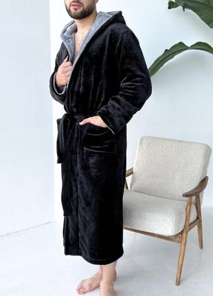 Чоловічий теплий халат з кишенями поясом та капюшоном махровий махра мужской тёплый халат