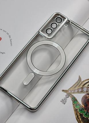 Чехол для samsung s22. серебристый глянцевый цвет, с защитой камеры