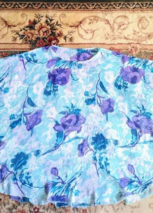 Шикарная туника - пончо, болеро из шифона, голубая в цветочный принт, большого размера6 фото