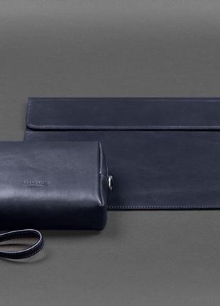 Набор кожаный темно-синий косметичка, чехол для ноутбука6 фото