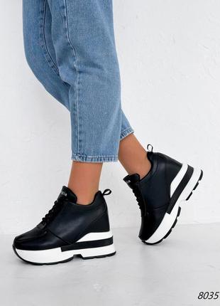 Черные кожаные кроссовки сникерсы сникеры на высокой танкетке платформе
