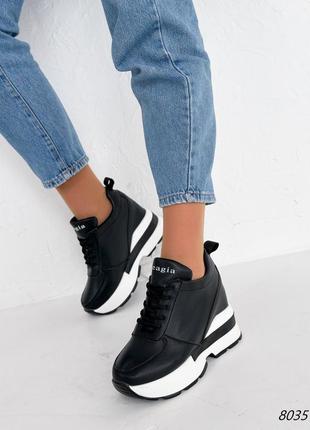 Черные кожаные кроссовки сникерсы сникеры на высокой танкетке платформе