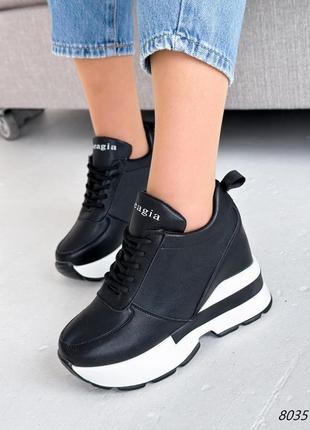 Черные кожаные кроссовки сникерсы сникеры на высокой танкетке платформе