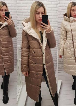 Распродажа двухсторонняя зимняя удлиненная куртка пальто плащевка приталенная
