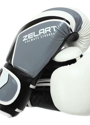 Перчатки боксерские кожаные на липучке zelart contender 2.0 (10,12,14oz) vl-8202 белый-серый2 фото