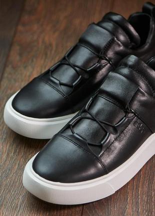 Молодіжні кеди/кросівки із високоякісної натуральної шкіри, мужские кожаные кеды/кроссовки в чёрном цвете на белой подошве5 фото