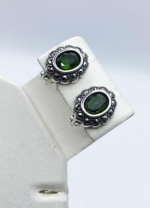 Сережки срібні з зеленим кварцем та марказитом 6,2 г5 фото