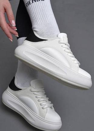 Белые кроссовки с черным задником экокожа6 фото