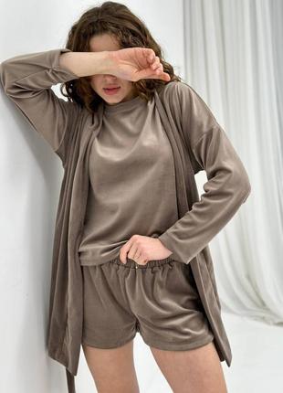 Велюровый комплект тройка . велюровый халат и пижама. велюровый халат футболка шорты5 фото