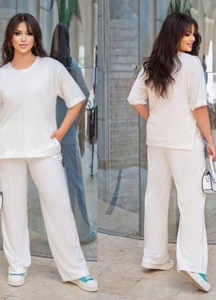 Костюм батал кофта с круглым вырезом рукав короткий нашивка низ манжет брюки широкие свободные на резинке карманы стрелочки ткань двунить