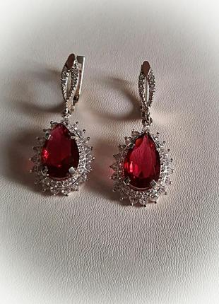 🛍 серьги серебро с золотом красный  рубин имитация