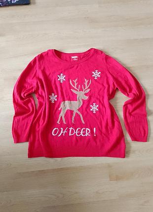 Красный новогодний свитер. кофта с пайетками. свитер красочной новогодний акрил с оленем