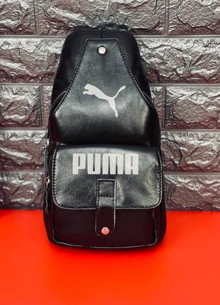 Мужская кожаная бананка сумка на грудь черная puma   барсетка слинг из натуральной кожи нагрудная барсетка на плечо пума4 фото