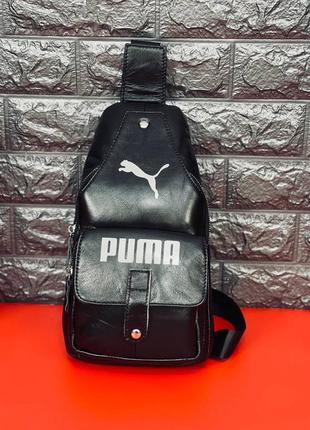 Мужская кожаная бананка сумка на грудь черная puma   барсетка слинг из натуральной кожи нагрудная барсетка на плечо пума2 фото