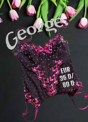 🌻🌻george eur 36d/80d гарний корсет з ребрами під панчохи чорно-рожевий🌻🌻