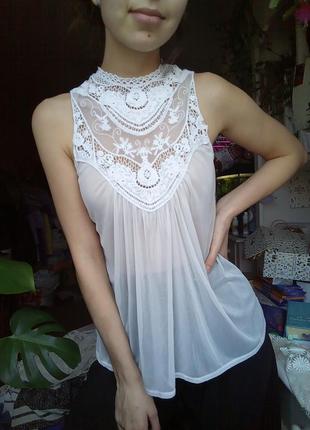 Мереживна блузка біла, блузка сіточкою, легка блуза мереживо, кружена майка сіткою1 фото
