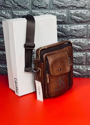 Мужская стильная кожаная сумка барсетка через плечо calvin klein коричневая сумка келвин кляйн3 фото