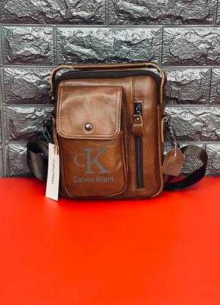 Мужская стильная кожаная сумка барсетка через плечо calvin klein коричневая сумка келвин кляйн4 фото