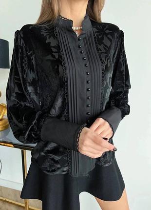 Премиум женская черная нарядная блуза на пуговицах праздничная блузка рубашка с бархатным узором длинным рукавом1 фото
