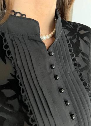 Премиум женская черная нарядная блуза на пуговицах праздничная блузка рубашка с бархатным узором длинным рукавом4 фото