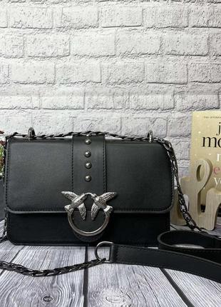 Женская мини сумочка клатч на плечо в стиле pinko, молочная сумка на цепочке с птичками пинко черный